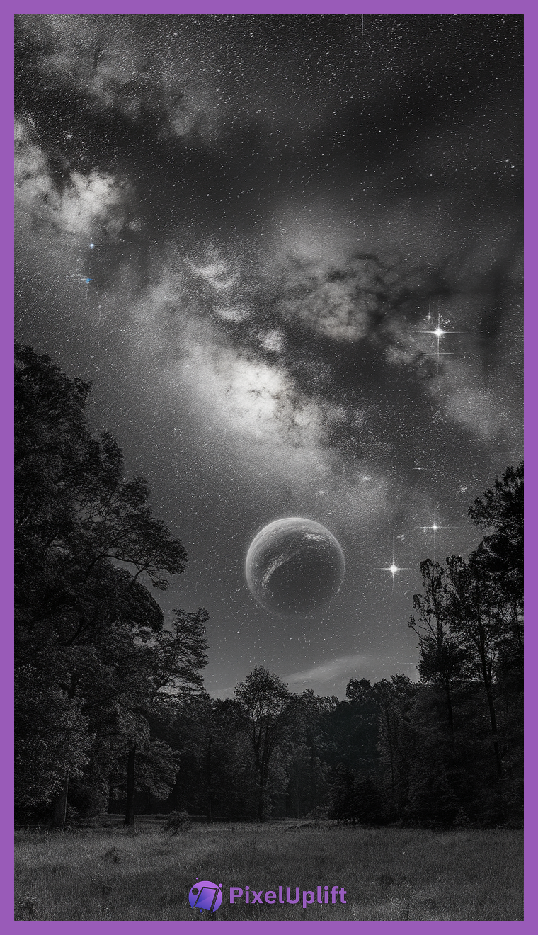 Black and white nighttime phone wallpaper lockscreen showing a serene forest with tall trees and a star-filled Milky Way galaxy with a large celestial planet above