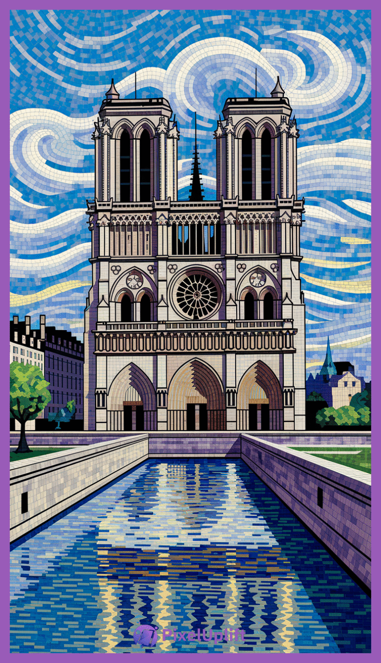 Mosaic-style artistic phone wallpaper of Notre-Dame Cathedral with swirling starry sky and reflecting pool
