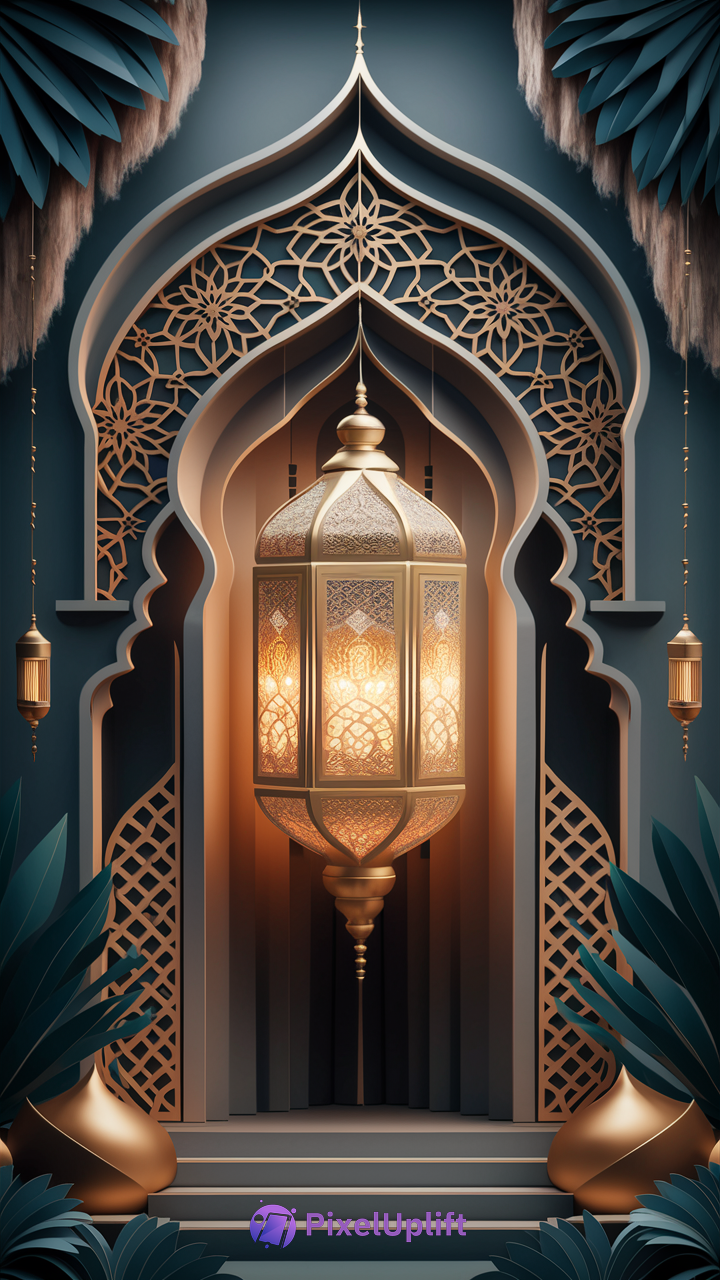 Ornate Islamic lantern glowing in archway with gold floral and geometric patterns on dark blue-green background phone wallpaper lockscreen
