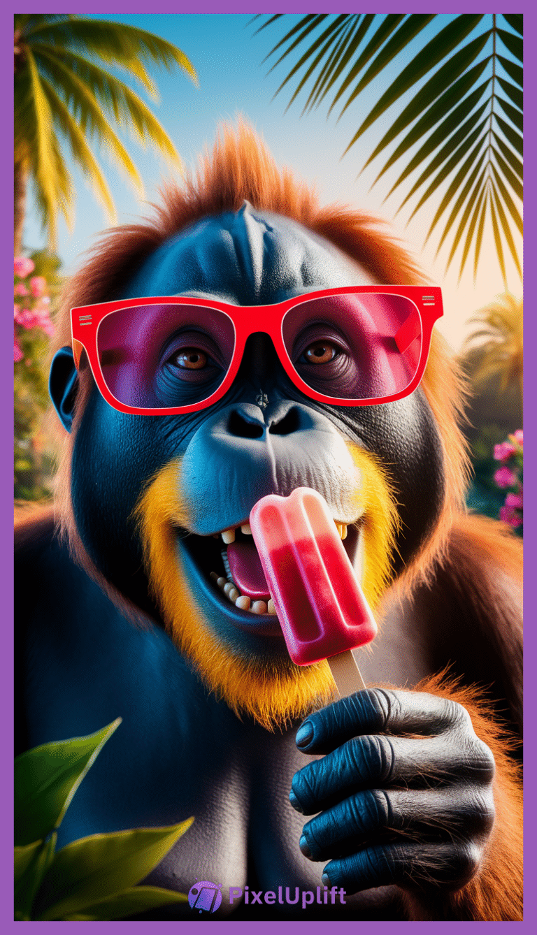 Close-up of playful orangutan wearing red sunglasses licking a red and pink popsicle with tropical palm leaves and blue sky background
