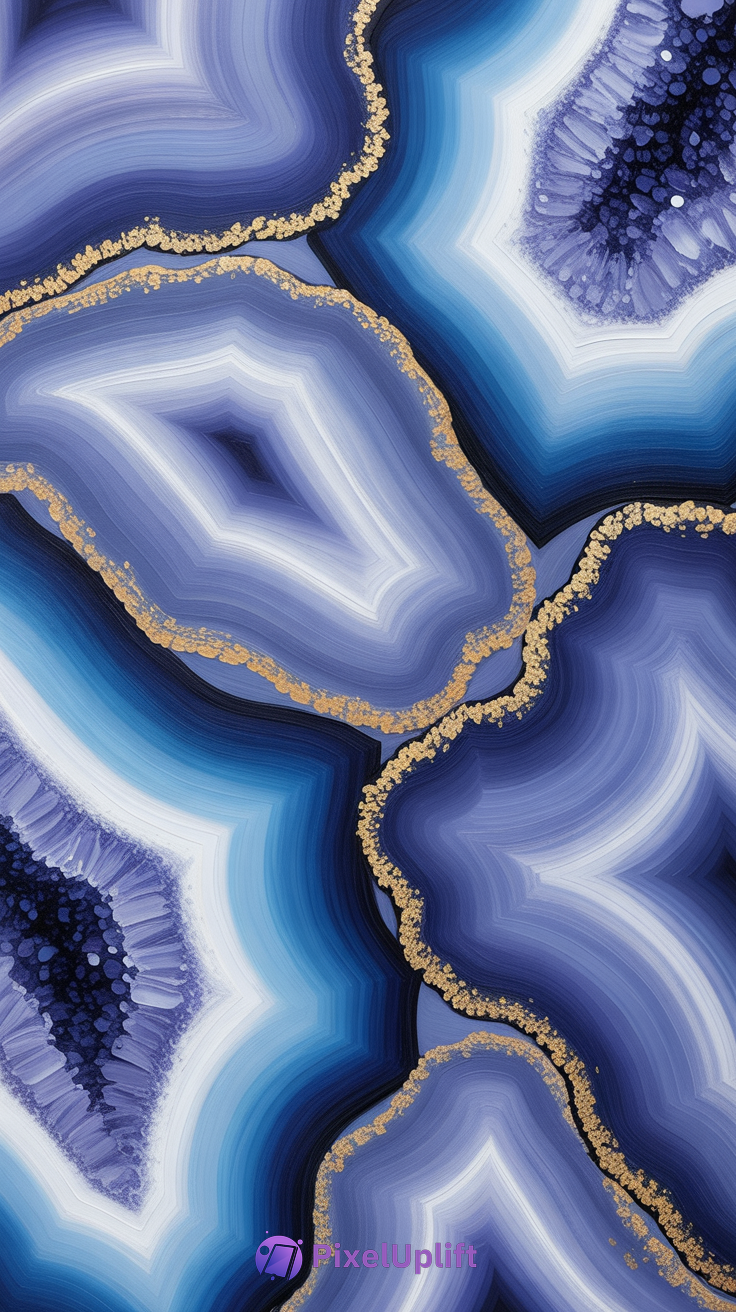 Close-up of polished blue geode slice with layered bands and golden metallic flecks