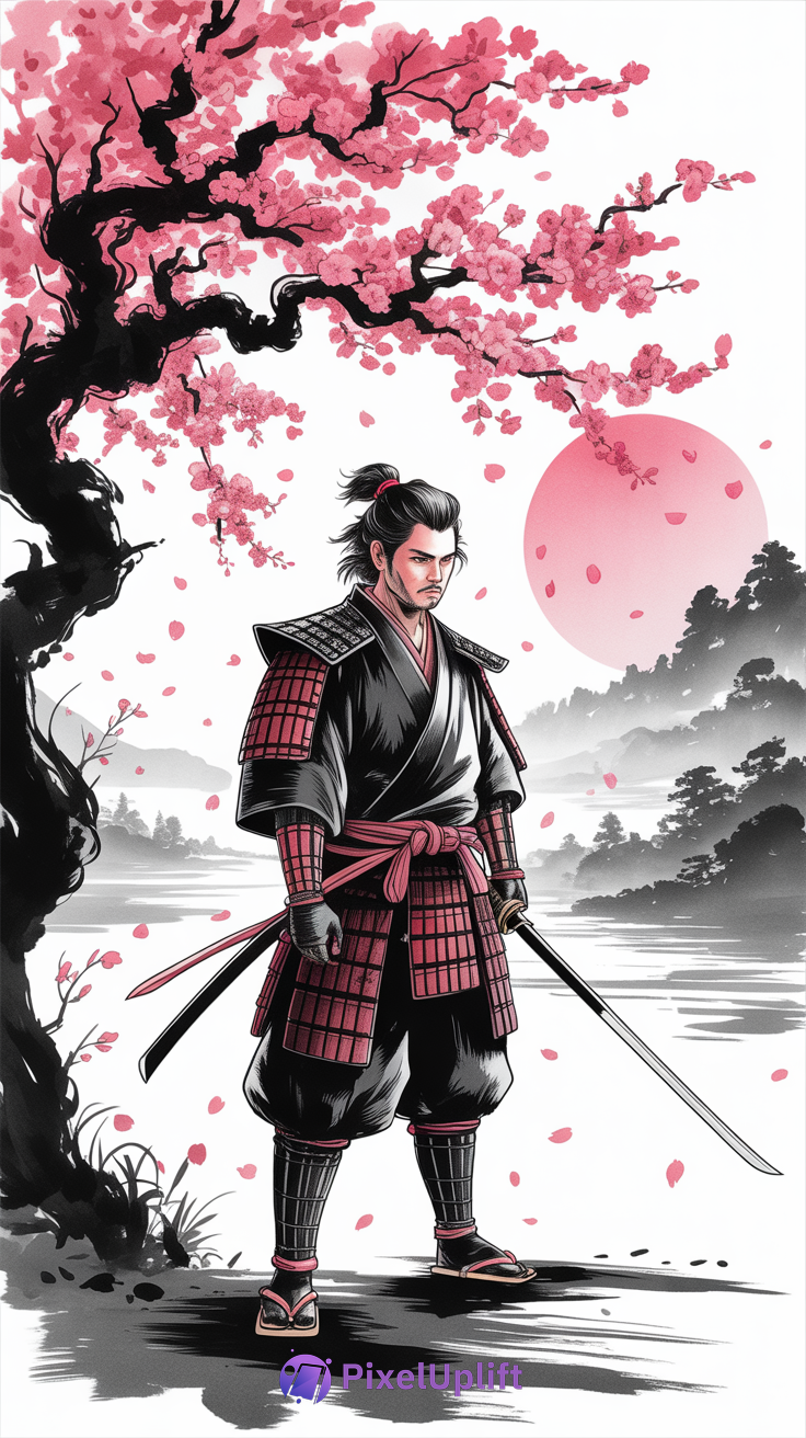 Samurai standing confidently beneath blooming cherry blossom tree with katana and misty mountain background