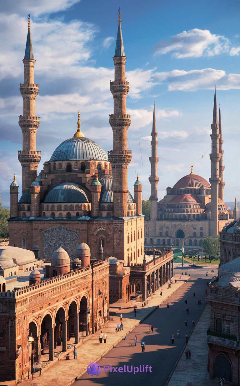 Scenic view of two historic mosques with large domes and tall minarets under partly cloudy blue sky