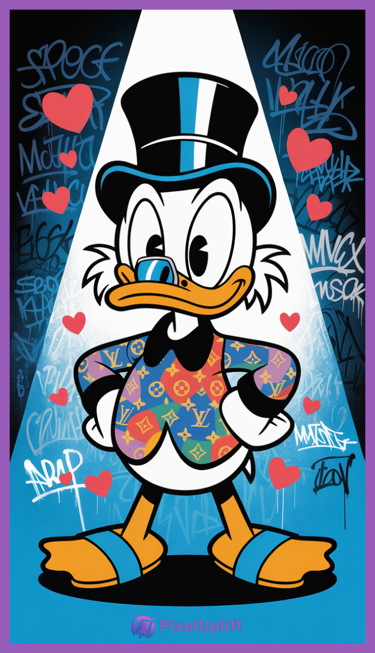 Scrooge McDuck stylized artwork wearing a multicolored Louis Vuitton jacket and top hat against a blue and black graffiti background with red hearts spotlighted