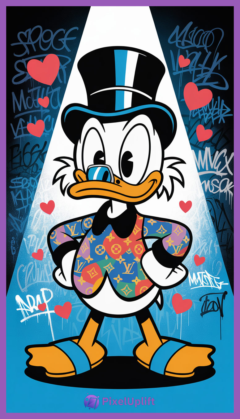 Scrooge McDuck stylized artwork wearing a multicolored Louis Vuitton jacket and top hat against a blue and black graffiti background with red hearts spotlighted