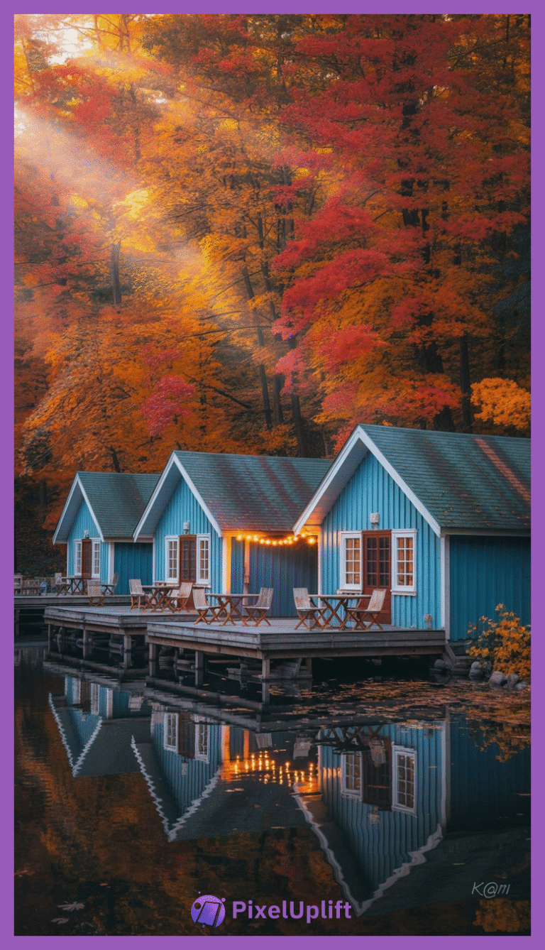 Serene autumn scene with three blue cottages on a dock over calm water, surrounded by colorful fall foliage and warm string lights