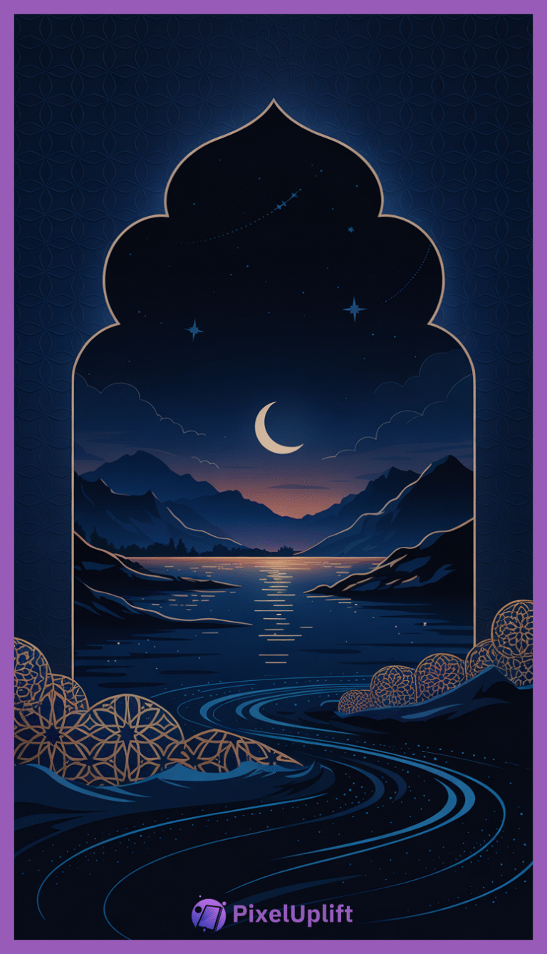 Serene mystical nighttime landscape viewed through an ornate arch window with crescent moon, starry deep blue sky, calm water reflecting moonlight, silhouetted mountains and Islamic geometric patterns