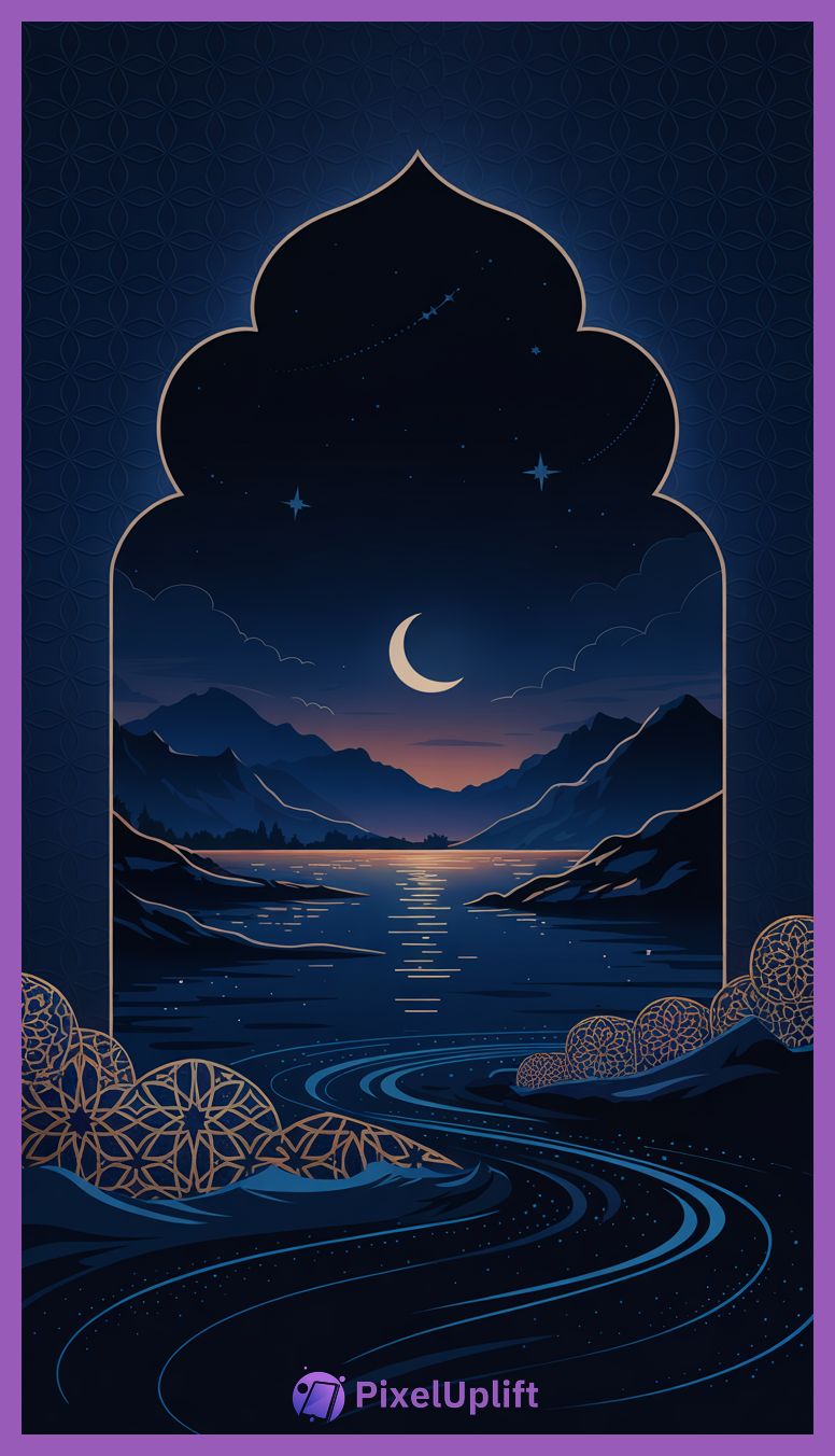 Serene mystical nighttime landscape viewed through an ornate arch window with crescent moon, starry deep blue sky, calm water reflecting moonlight, silhouetted mountains and Islamic geometric patterns