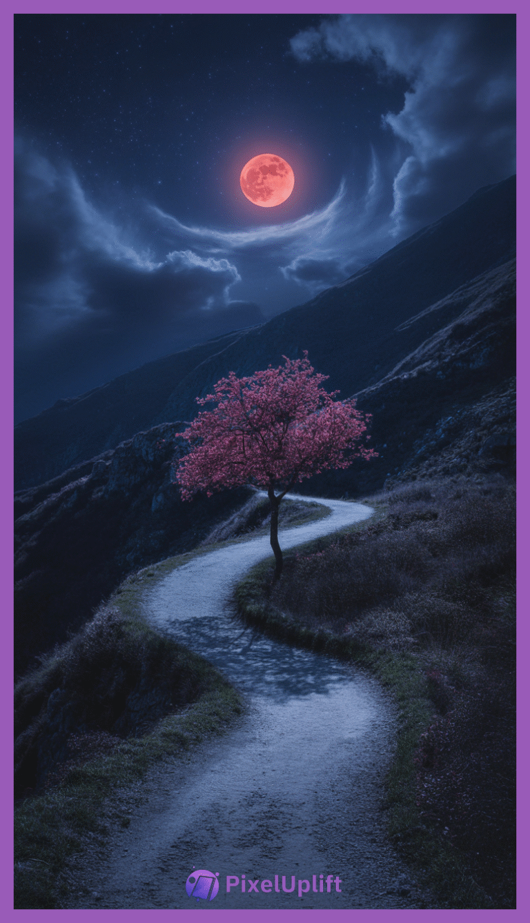 Serene nighttime landscape phone wallpaper with winding path, pink blossom tree, starry dark blue sky, and glowing reddish blood moon