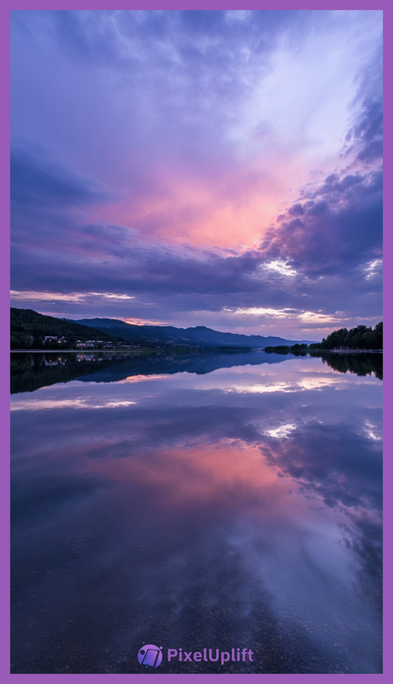 Serene twilight landscape with calm water reflecting pink, purple, and blue sky and silhouetted trees and hills
