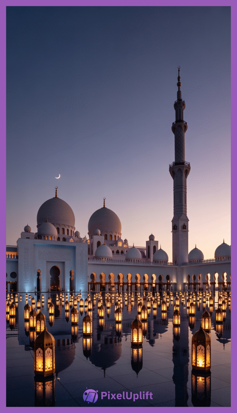Evening view of Sheikh Zayed Grand Mosque with illuminated domes, minaret, decorative lanterns, and crescent moon on phone wallpaper lockscreen