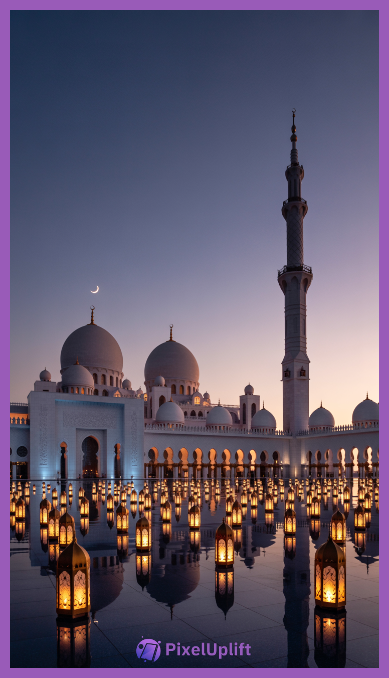 Evening view of Sheikh Zayed Grand Mosque with illuminated domes, minaret, decorative lanterns, and crescent moon on phone wallpaper lockscreen