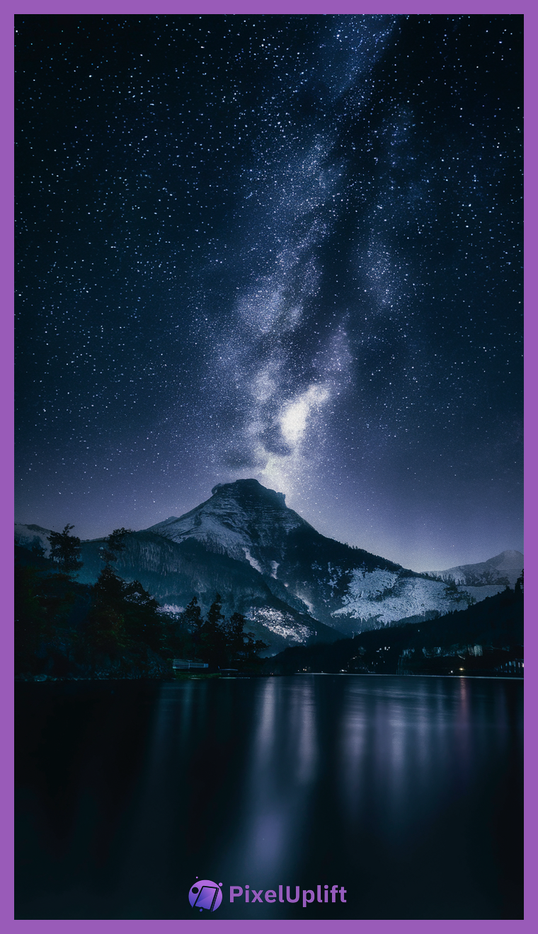 Nighttime mountain under star-filled sky with Milky Way and calm water reflection phone wallpaper lockscreen