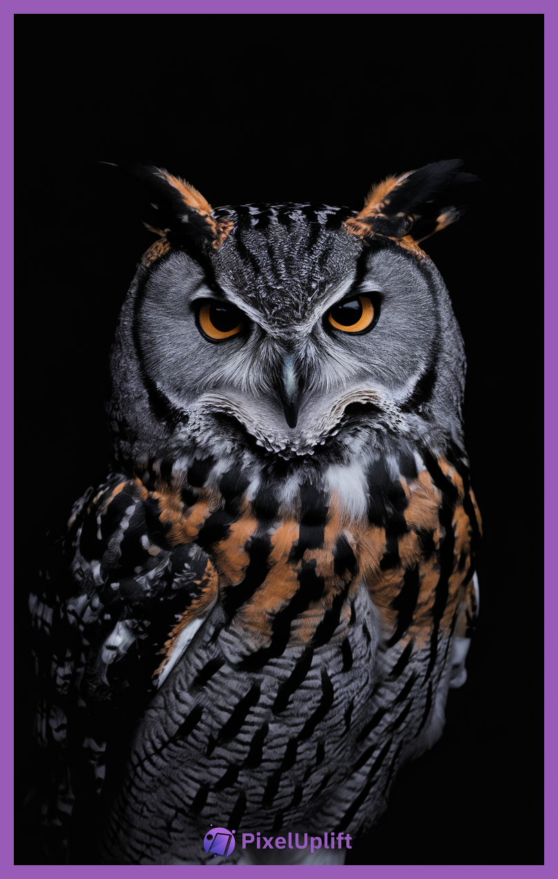 Close-up portrait of an owl with striking yellow-orange eyes and detailed feathers on a black background