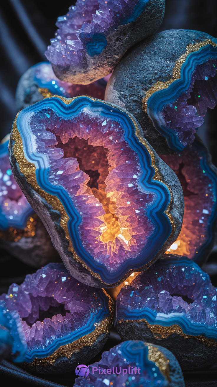 Close-up of vibrant purple geode stones with blue and white banding and gold mineral accents, perfect for phone wallpaper lockscreen