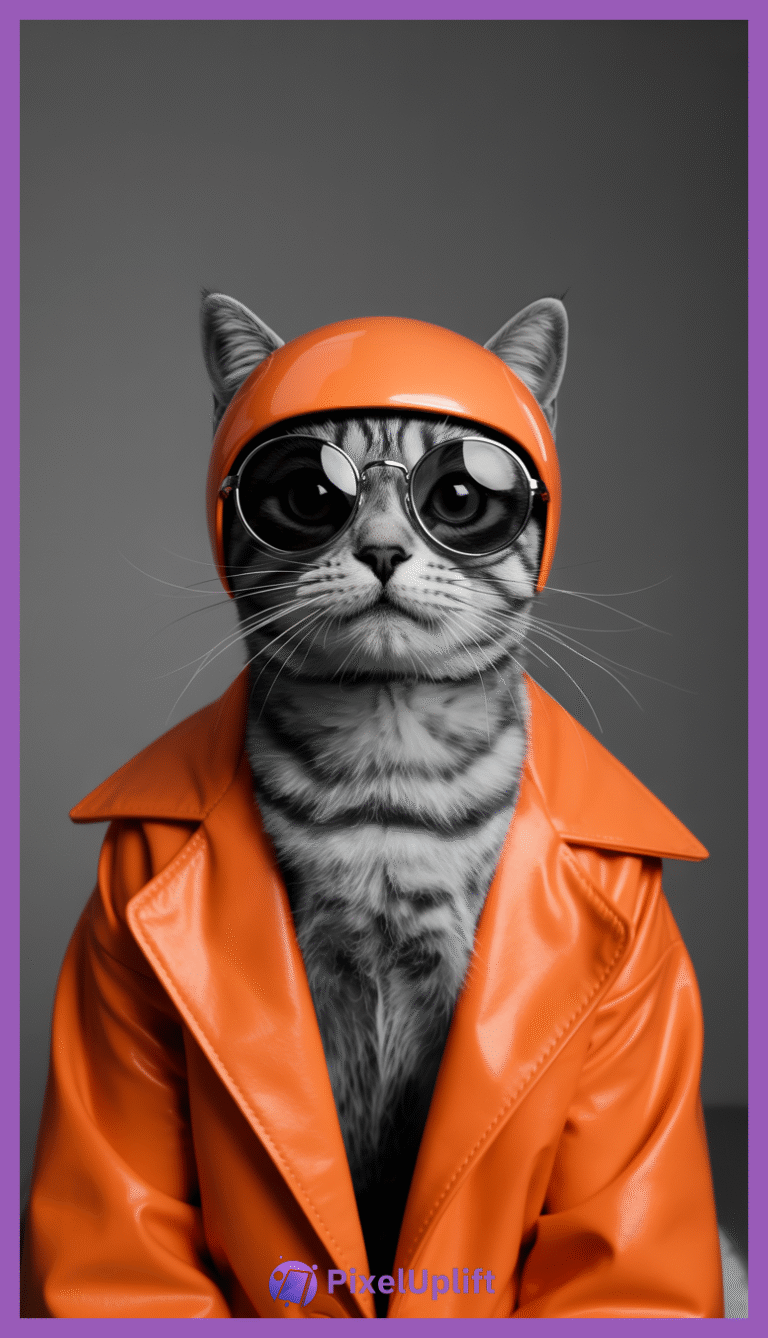 Gray tabby cat wearing orange helmet, matching orange leather jacket, and black sunglasses on gray background