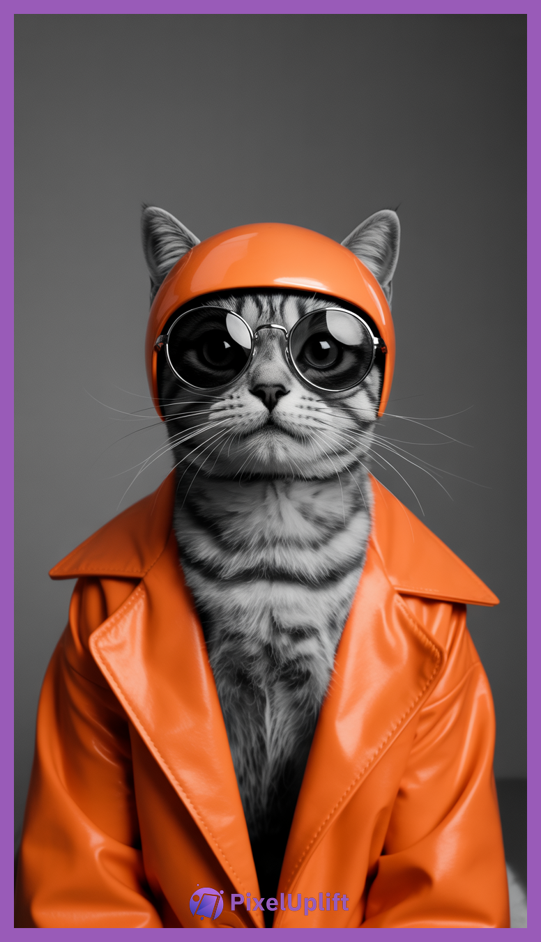 Gray tabby cat wearing orange helmet, matching orange leather jacket, and black sunglasses on gray background