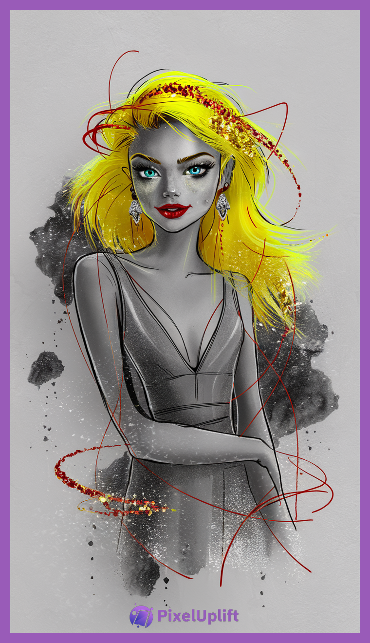 Digital artwork of a stylized woman with grayscale skin, bright yellow hair with red and gold glitter, blue eyes, red lips, wearing gray dress and earrings with red swirling lines on muted gray background