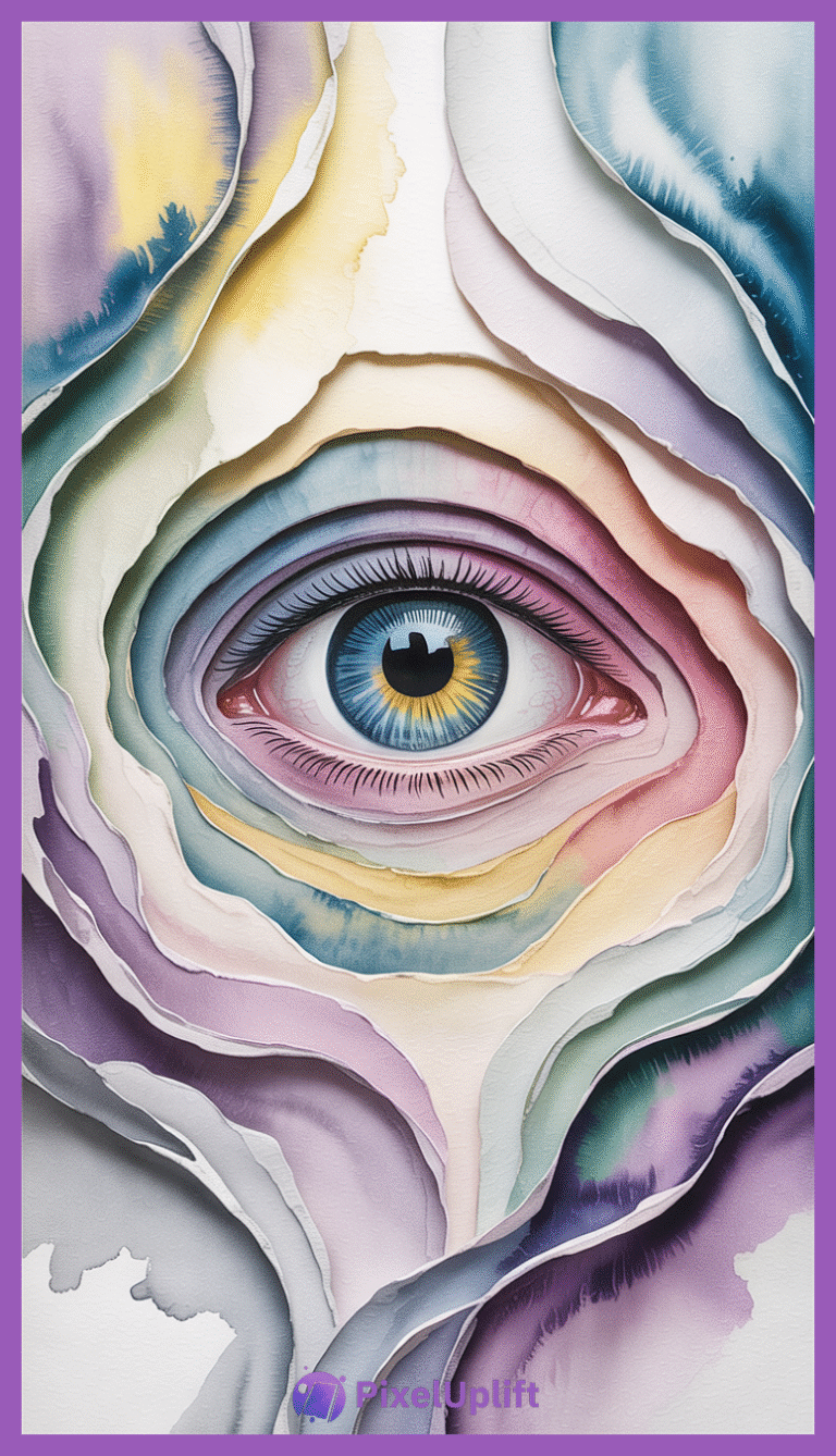 Surreal artistic phone wallpaper lockscreen with a detailed blue eye surrounded by pastel watercolor layered shapes resembling torn paper or petals