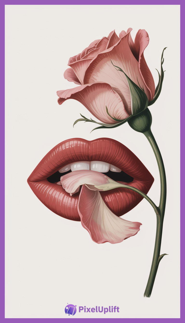 Surreal lockscreen phone wallpaper showing glossy red lips gently holding a pink rose petal against a plain white background