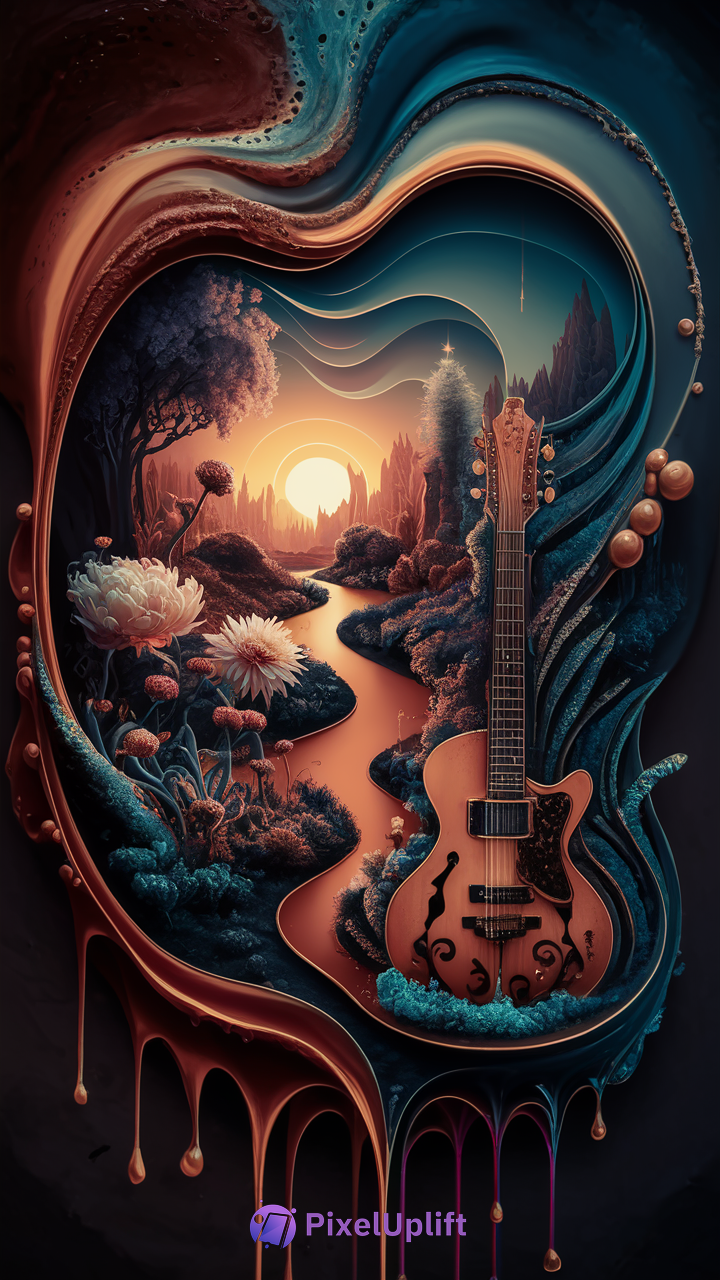 Surreal phone wallpaper with a wooden guitar blending into a flowing river surrounded by oversized blue and reddish-brown flowers under a glowing orange and blue sky