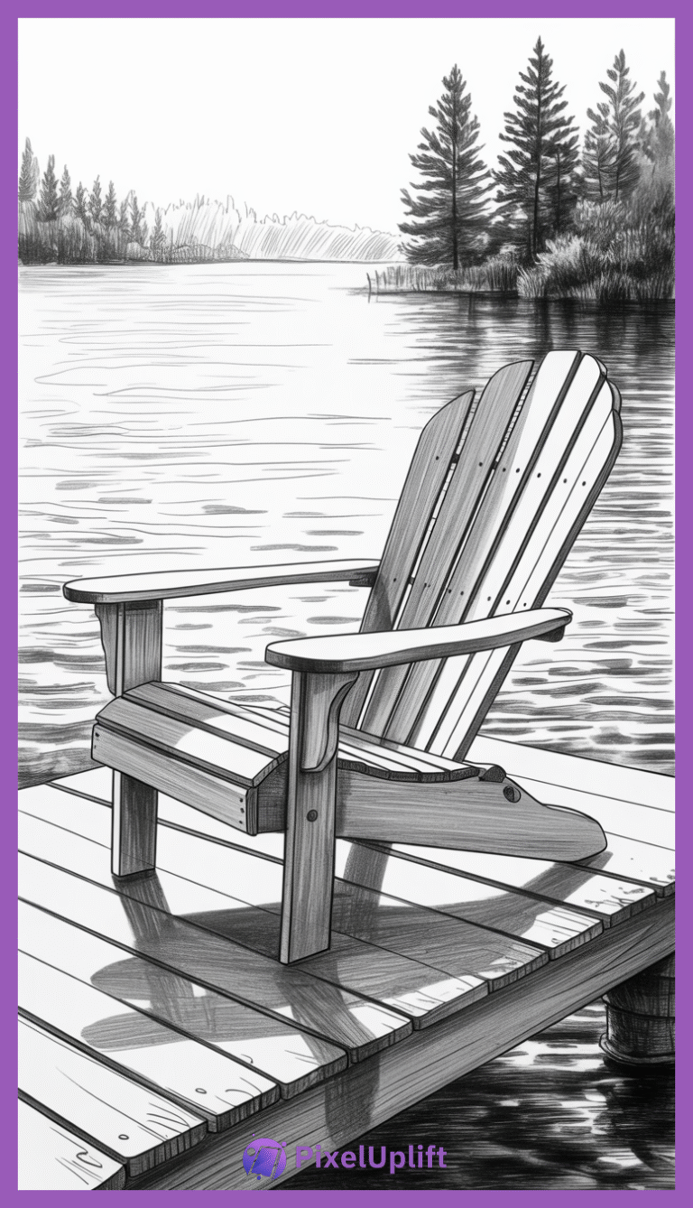 Black and white drawing of an Adirondack chair on a wooden dock by calm water with pine trees in the background