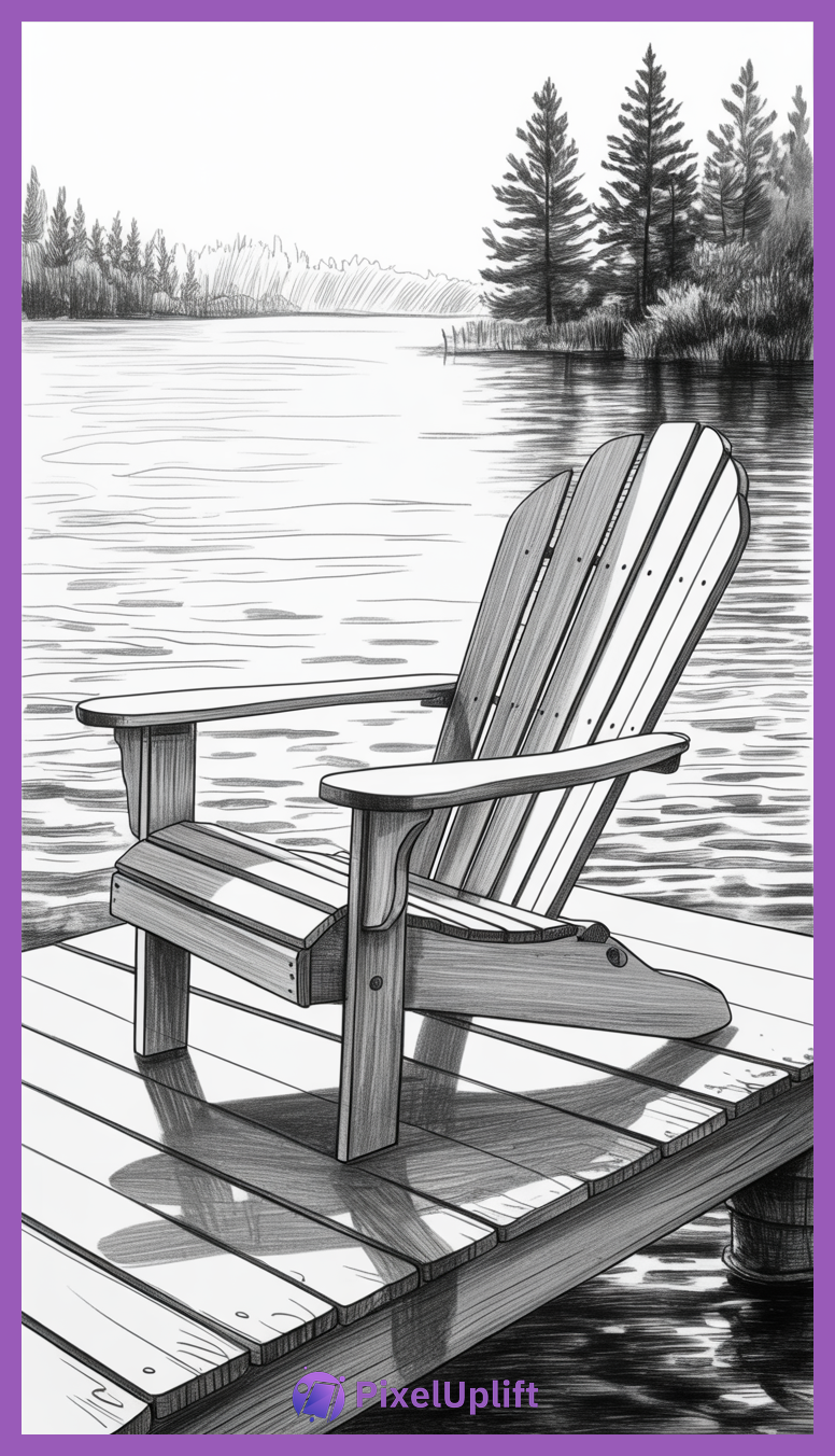 Black and white drawing of an Adirondack chair on a wooden dock by calm water with pine trees in the background