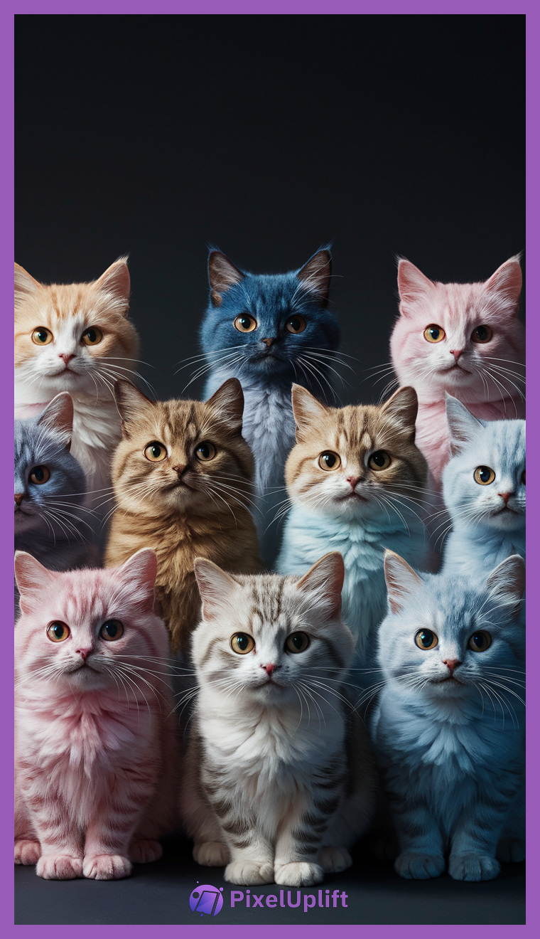 Group of nine cats with multicolored fur including blue, pink, orange, and tabby patterns on a dark background for phone wallpaper lockscreen