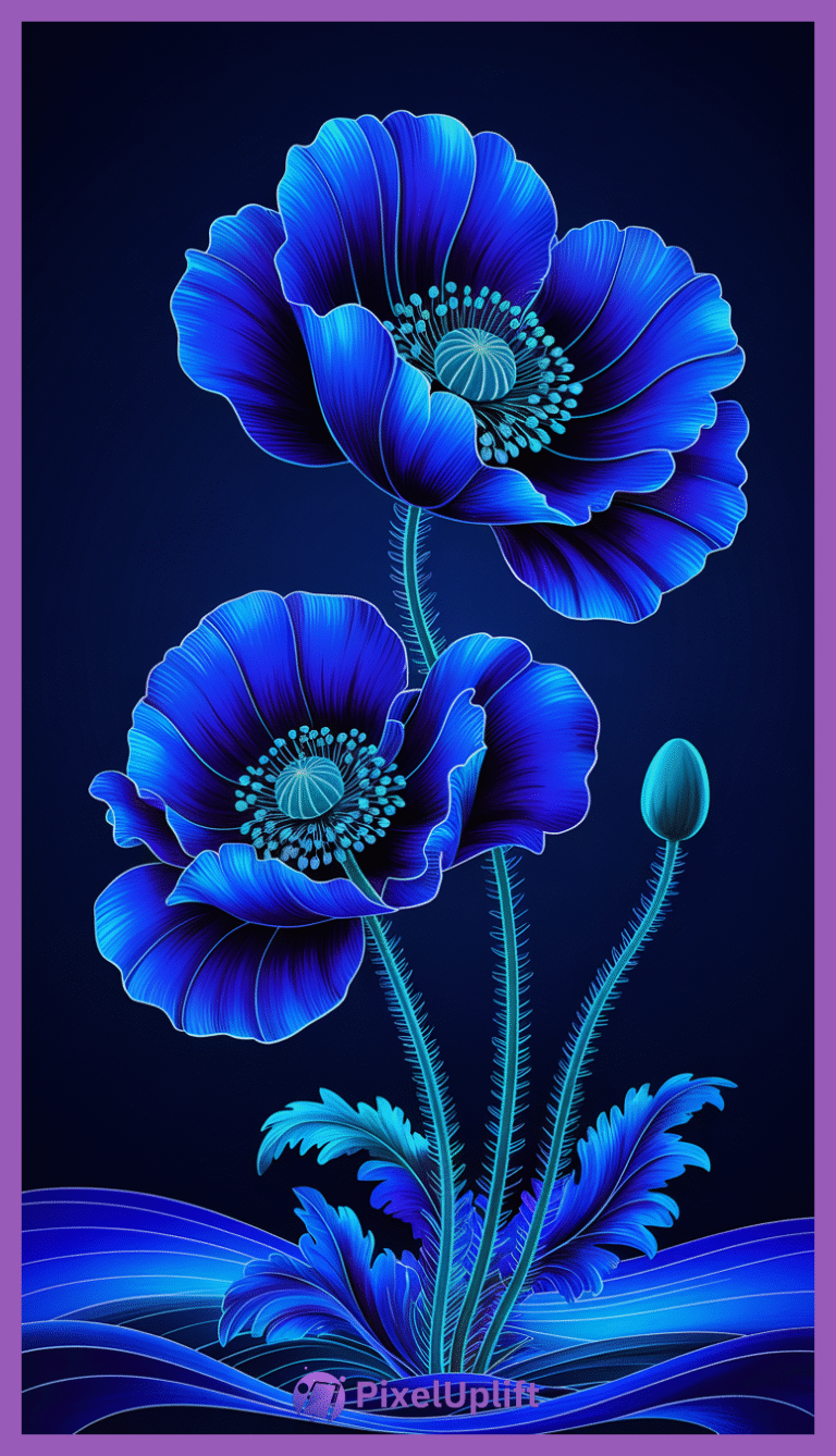 Digital artwork of vibrant blue flowers with detailed petals and dark gradient background for phone wallpaper lockscreen