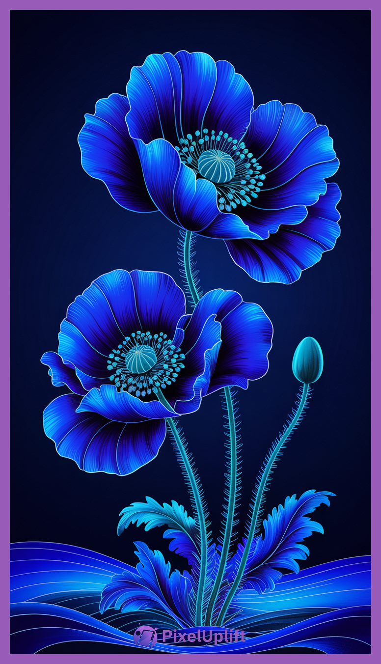 Digital artwork of vibrant blue flowers with detailed petals and dark gradient background for phone wallpaper lockscreen