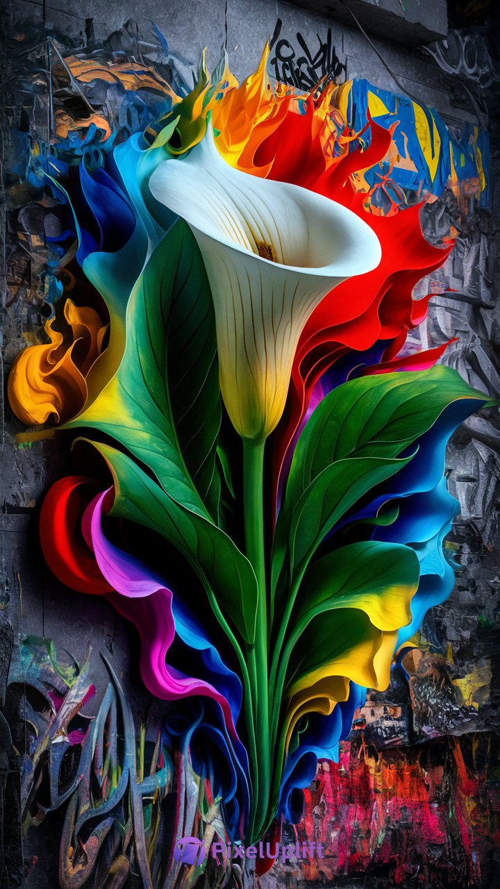 Phone wallpaper lockscreen showing a white calla lily surrounded by vibrant, swirling colorful flames against a graffiti-covered urban wall
