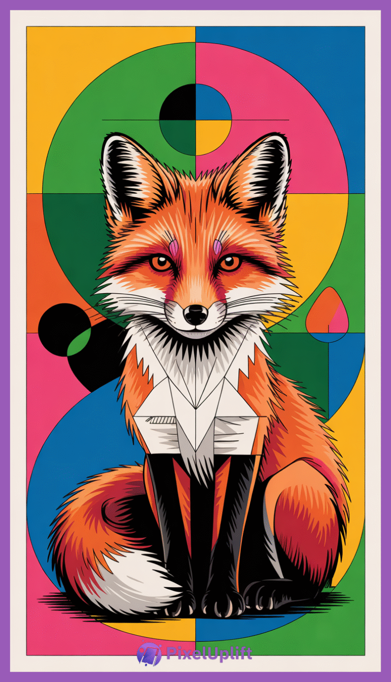 Vibrant geometric digital illustration of a fox sitting upright with a colorful abstract background, perfect for phone wallpaper lockscreen