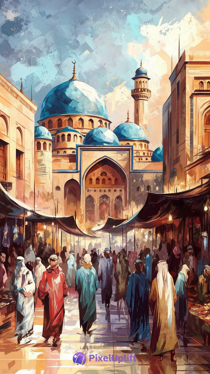 Digitally painted vibrant Middle Eastern market scene with traditional Islamic architecture, blue domes, market stalls, and people in traditional clothing