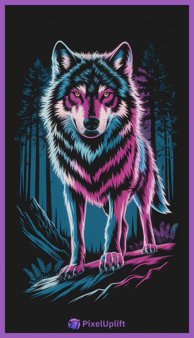 Stylized digital illustration of a neon wolf with pink, blue, white, and black colors standing on rocky surface with dark mystical background