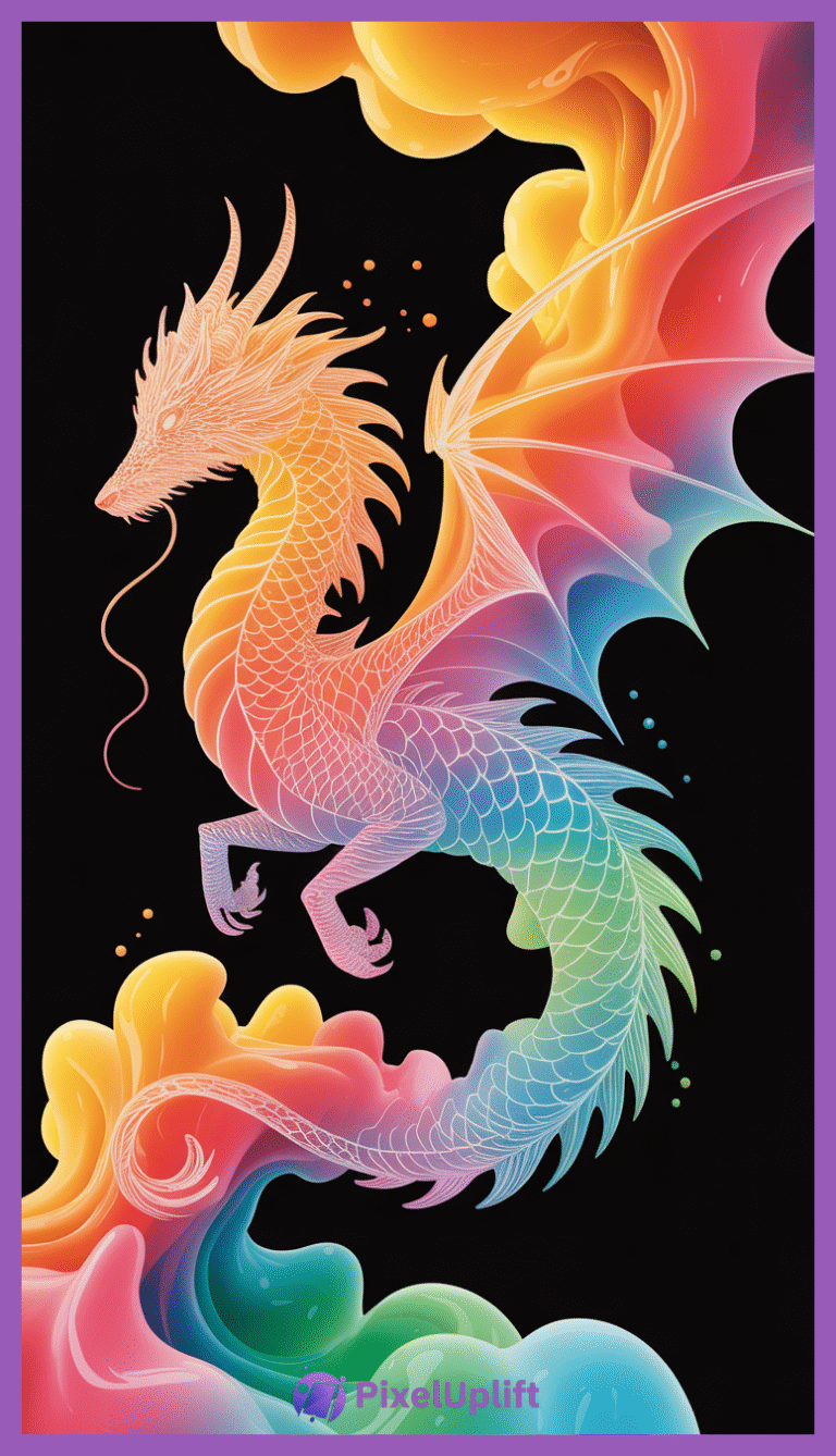 Stylized dragon with intricate white linework and vibrant rainbow gradient wings on black background, ideal for phone wallpaper lockscreen