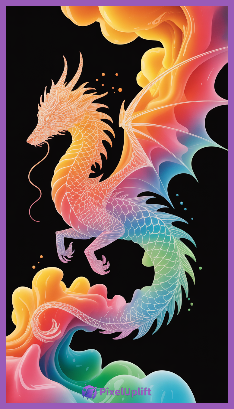 Stylized dragon with intricate white linework and vibrant rainbow gradient wings on black background, ideal for phone wallpaper lockscreen