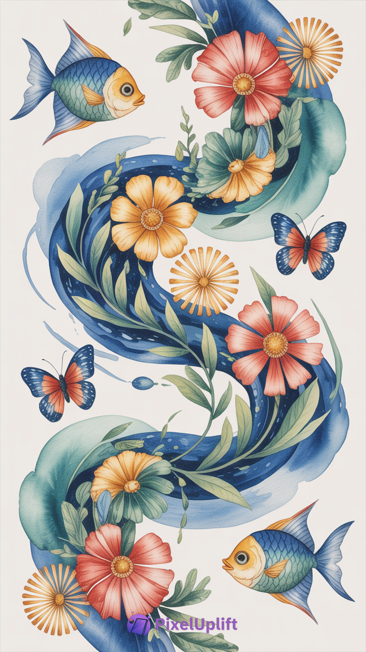 Vibrant artistic phone wallpaper showing a flowing blue water swirl decorated with green leaves, orange and pink flowers, two blue and orange fish, and blue and orange butterflies on a light background