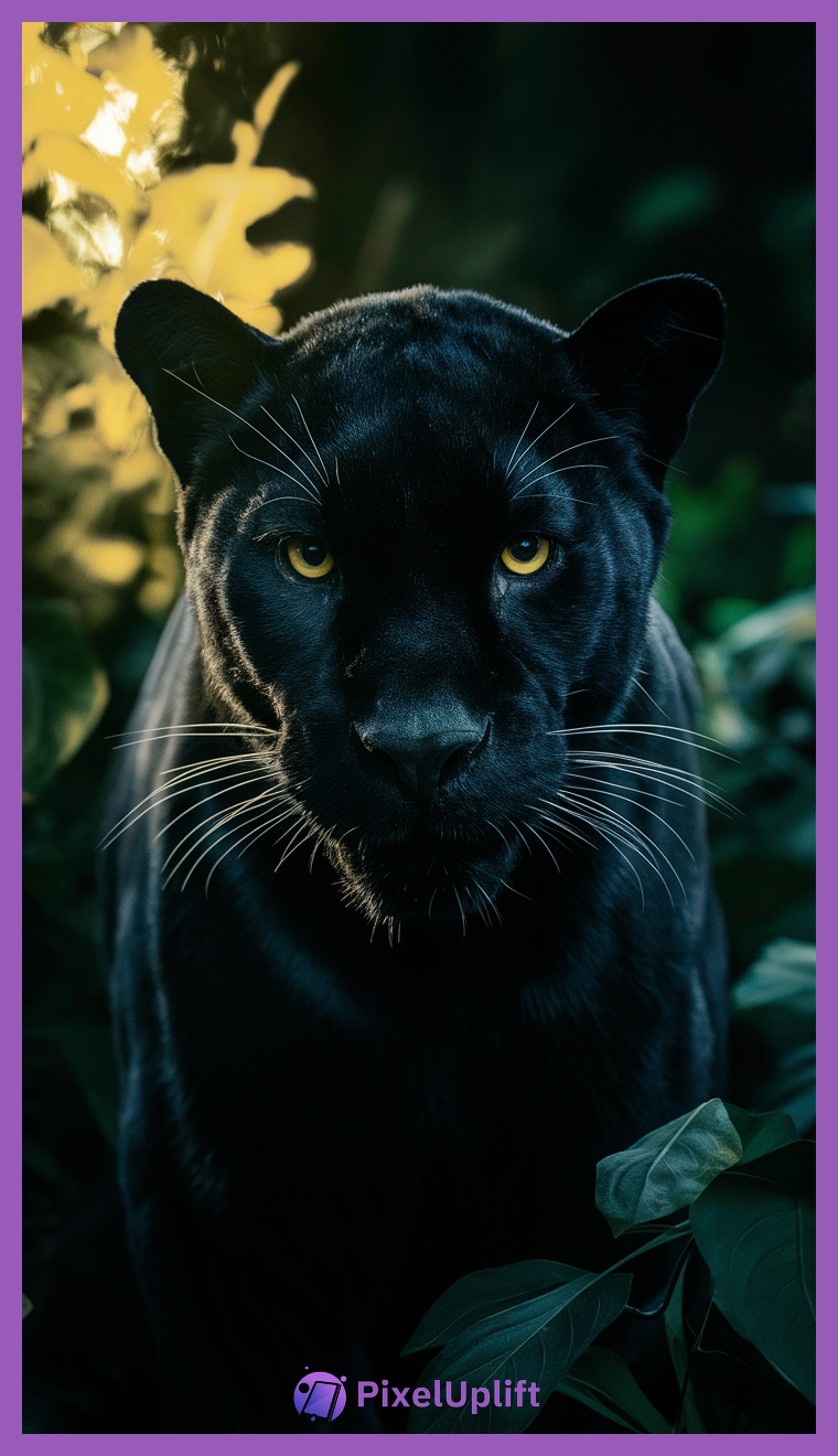 Close-up of a black panther with yellow eyes and white whiskers on a blurred green and yellow background