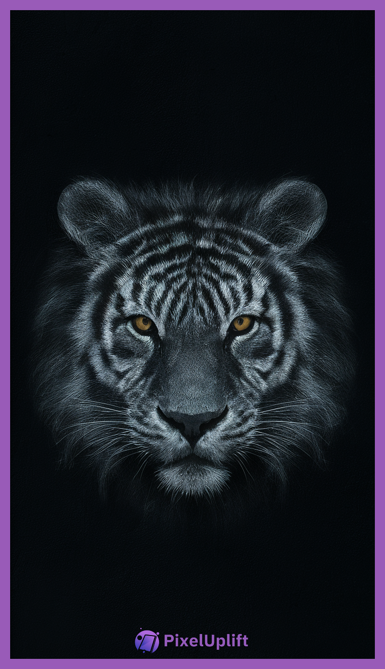 Close-up of a tiger's face with dark fur and bluish-gray stripes on a black background with vivid amber eyes