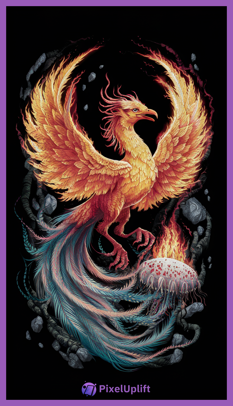 Vivid phoenix rising from flames with fiery orange, yellow, and blue feathers on black background