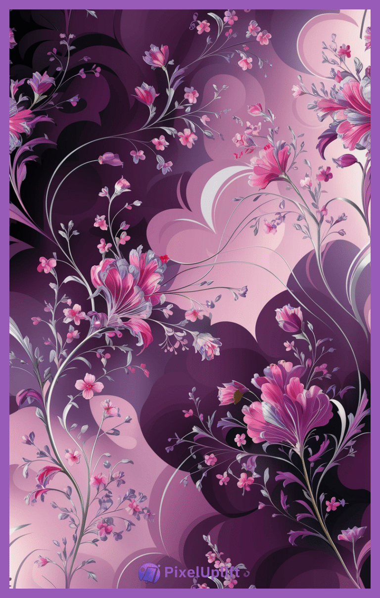 Digital floral phone wallpaper with purple and pink stylized flowers and leaves on a soft gradient background