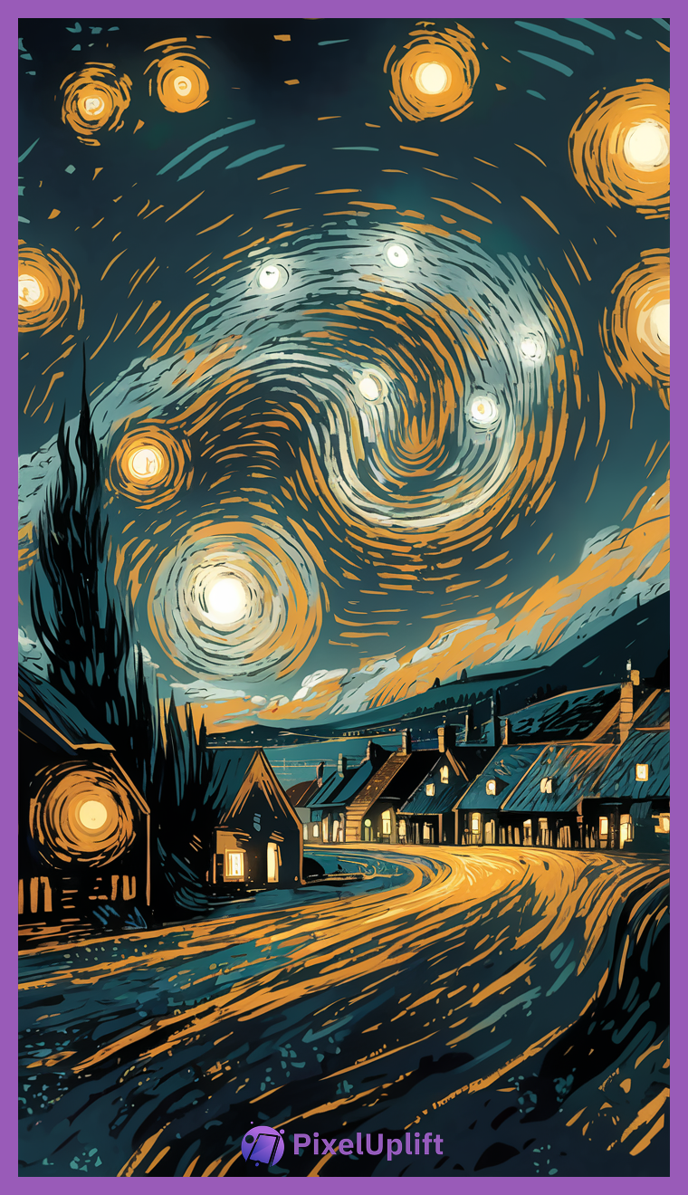 Stylized phone wallpaper lockscreen inspired by Starry Night with swirling night sky, glowing stars, and a village below