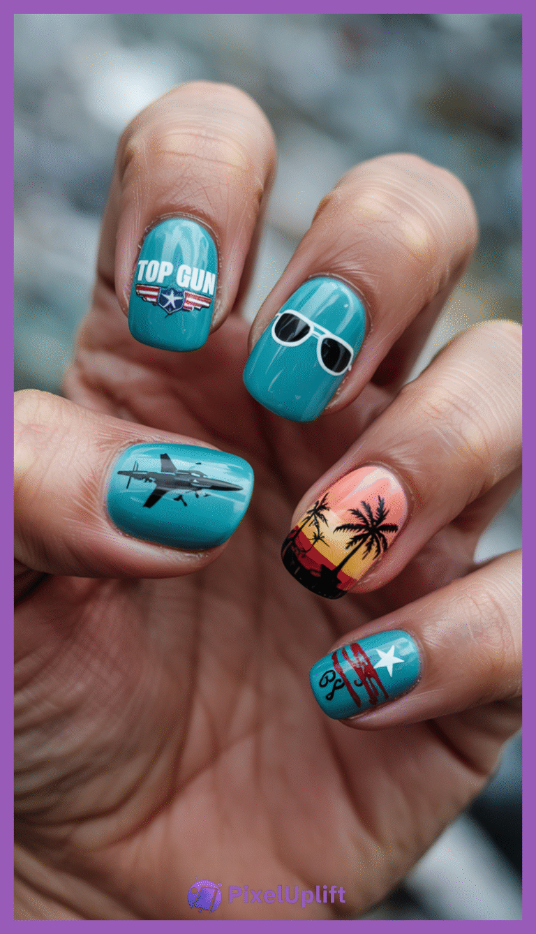 Close-up of hand with detailed Top Gun inspired nail art featuring blue-green base, fighter jet, sunglasses, sunset with palm trees, star and stripes with number 86