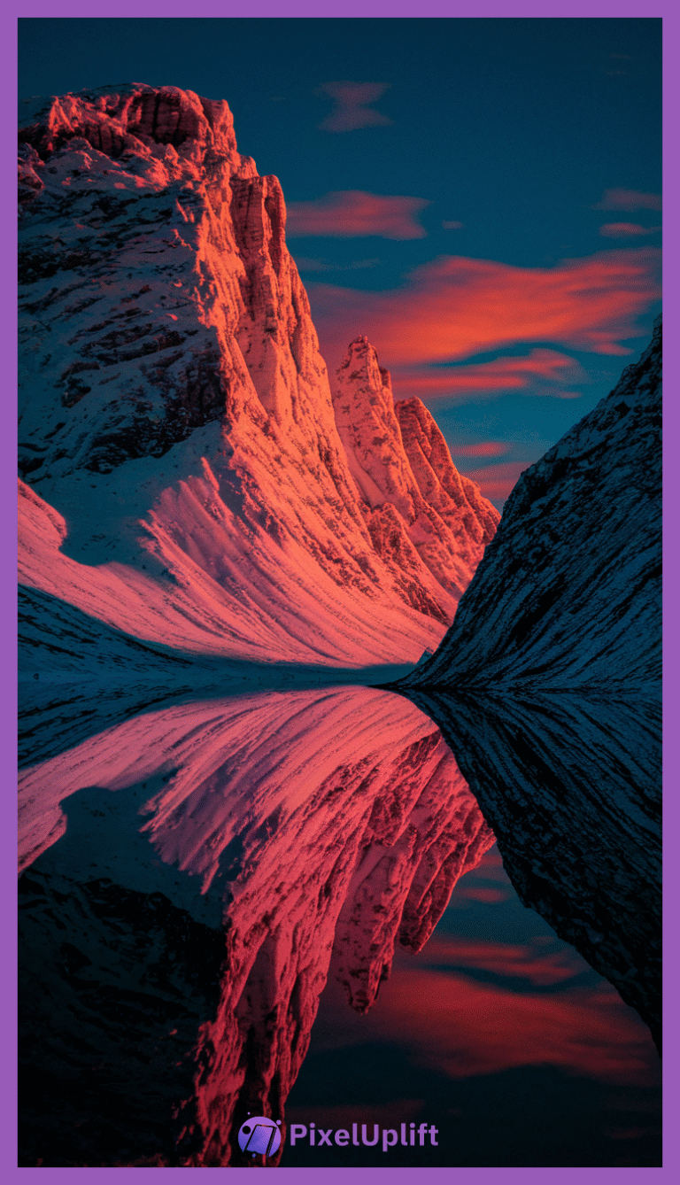 Breathtaking mountain landscape at sunset with snow-covered peaks and a still reflective body of water