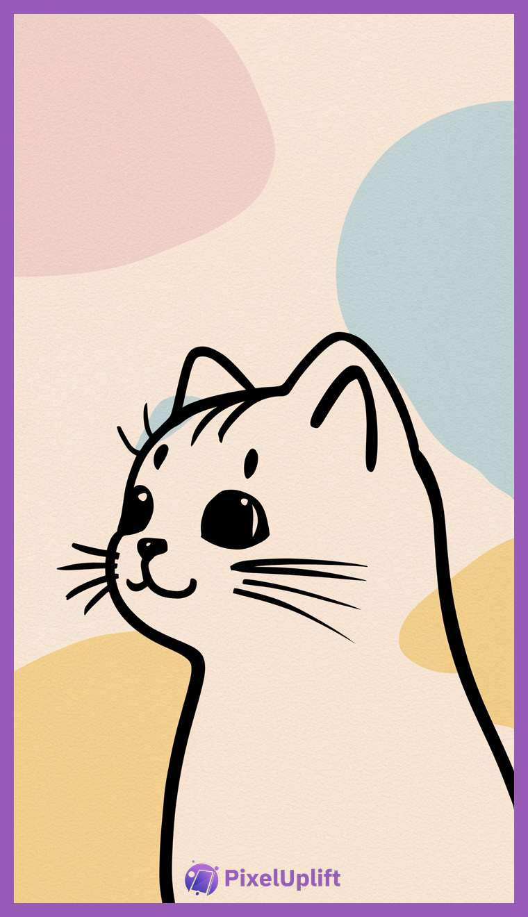 Minimalist cartoon cat illustration with large black eyes and pastel color background phone wallpaper lockscreen