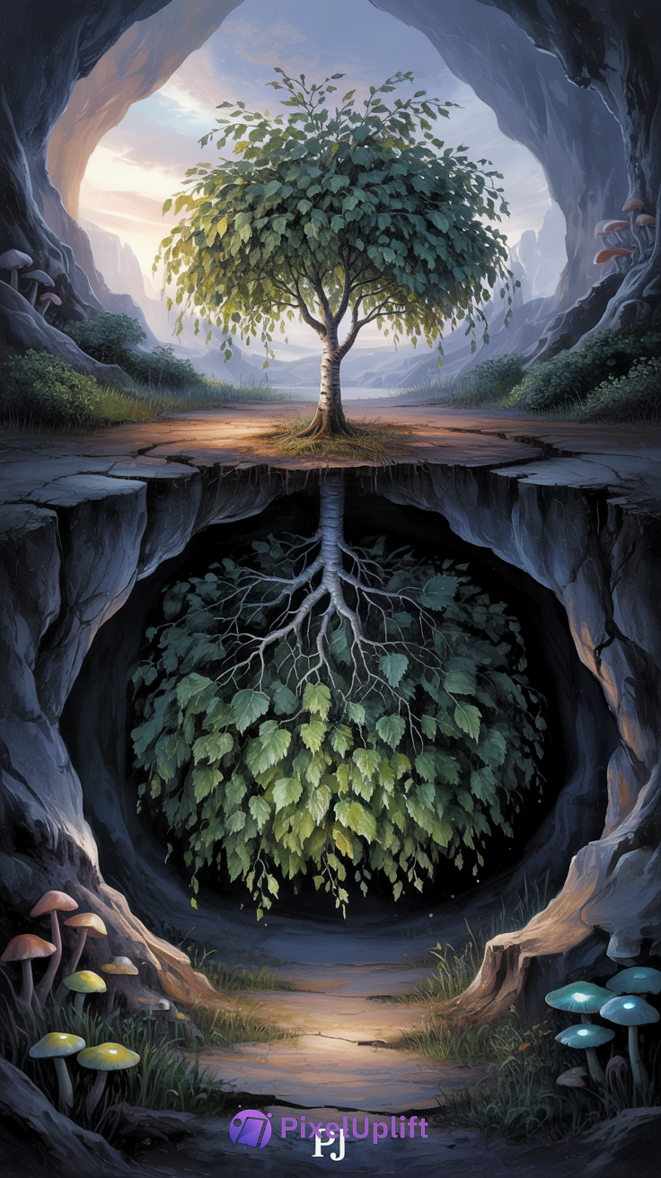 Surreal cave with a tree growing at the center showing uprooted roots resembling an upside-down tree, surrounded by colorful mushrooms under soft mystical lighting