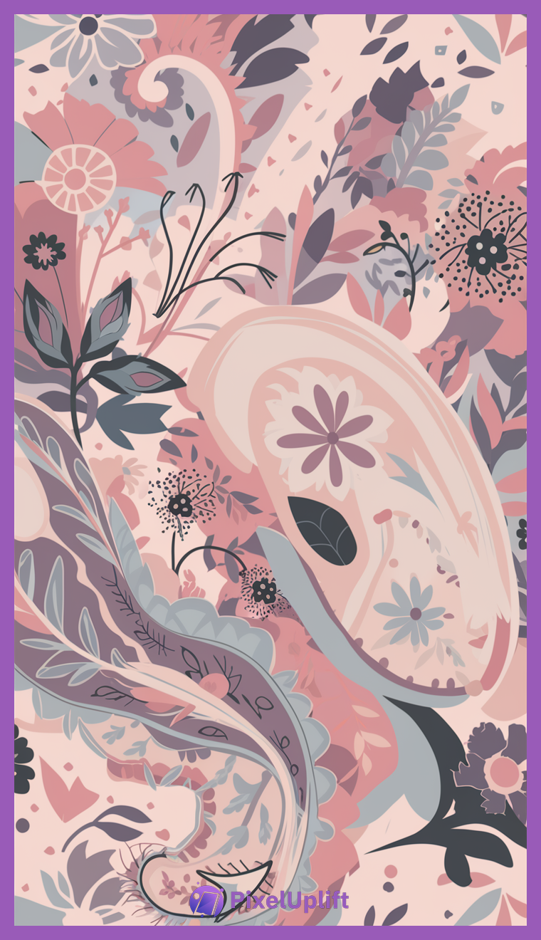 Detailed and colorful floral paisley pattern phone wallpaper lockscreen featuring soft pinks, purples, blues, and grays