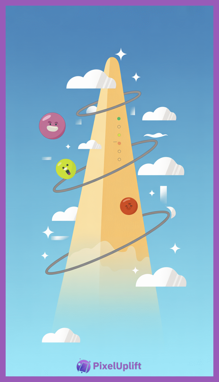 Colorful phone wallpaper lockscreen showing a tall yellow obelisk with orbiting colorful smiling planets and a bright blue sky with clouds and stars