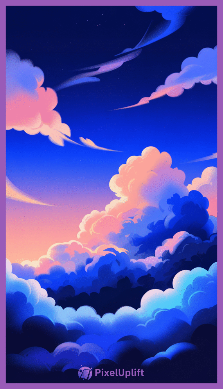 Digital painting of a dreamy sunrise sky with pink, purple, and deep blue clouds on phone lockscreen wallpaper