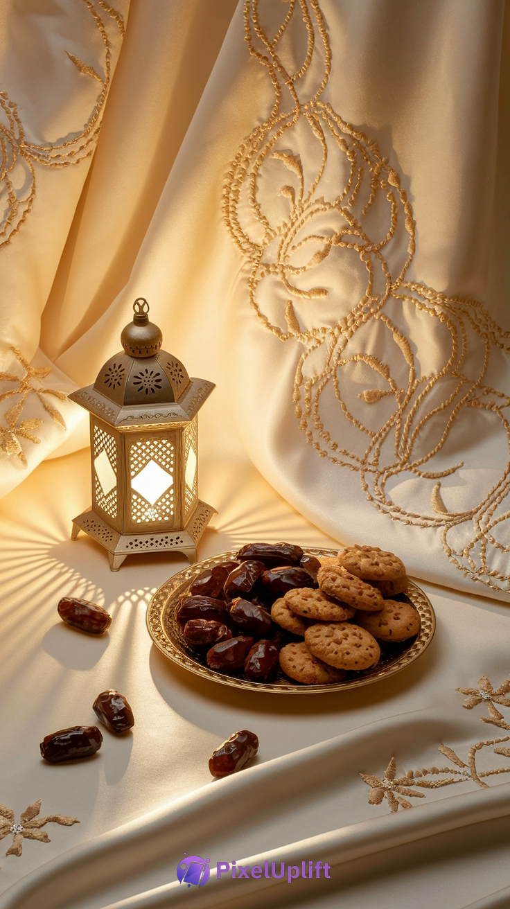 Serene warm phone wallpaper lockscreen featuring golden lantern casting shadows with embroidered fabric and golden plate with dates and cookies